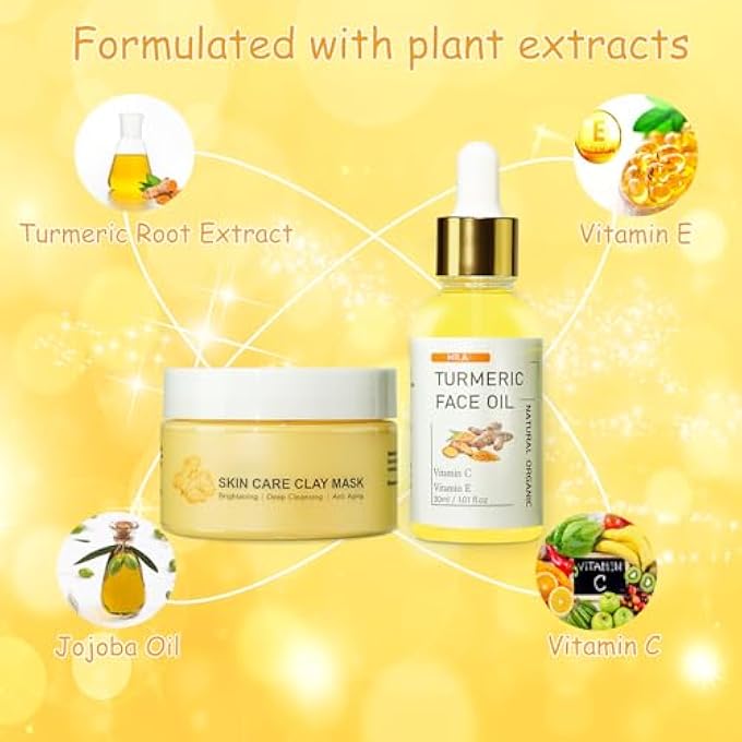 Mr.A TURMERIC CLAY MASK & SERUM SKINCARE KIT, VITAMIN C DEEP CLEANSING OVERNIGHT FACE MASK FOR PORES, TURMERIC FACE OIL FOR DRY SKIN - Image 2